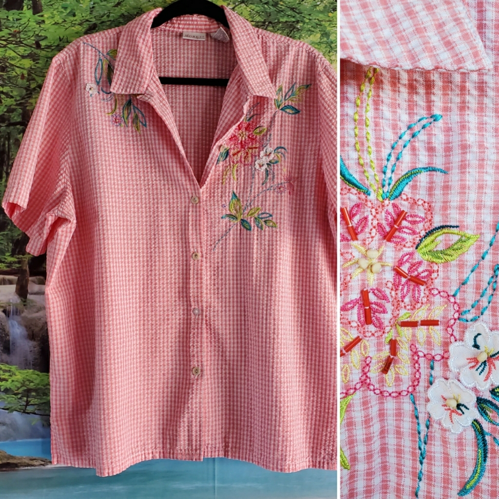 Pink Plaid & Floral Emroidered Button-Down